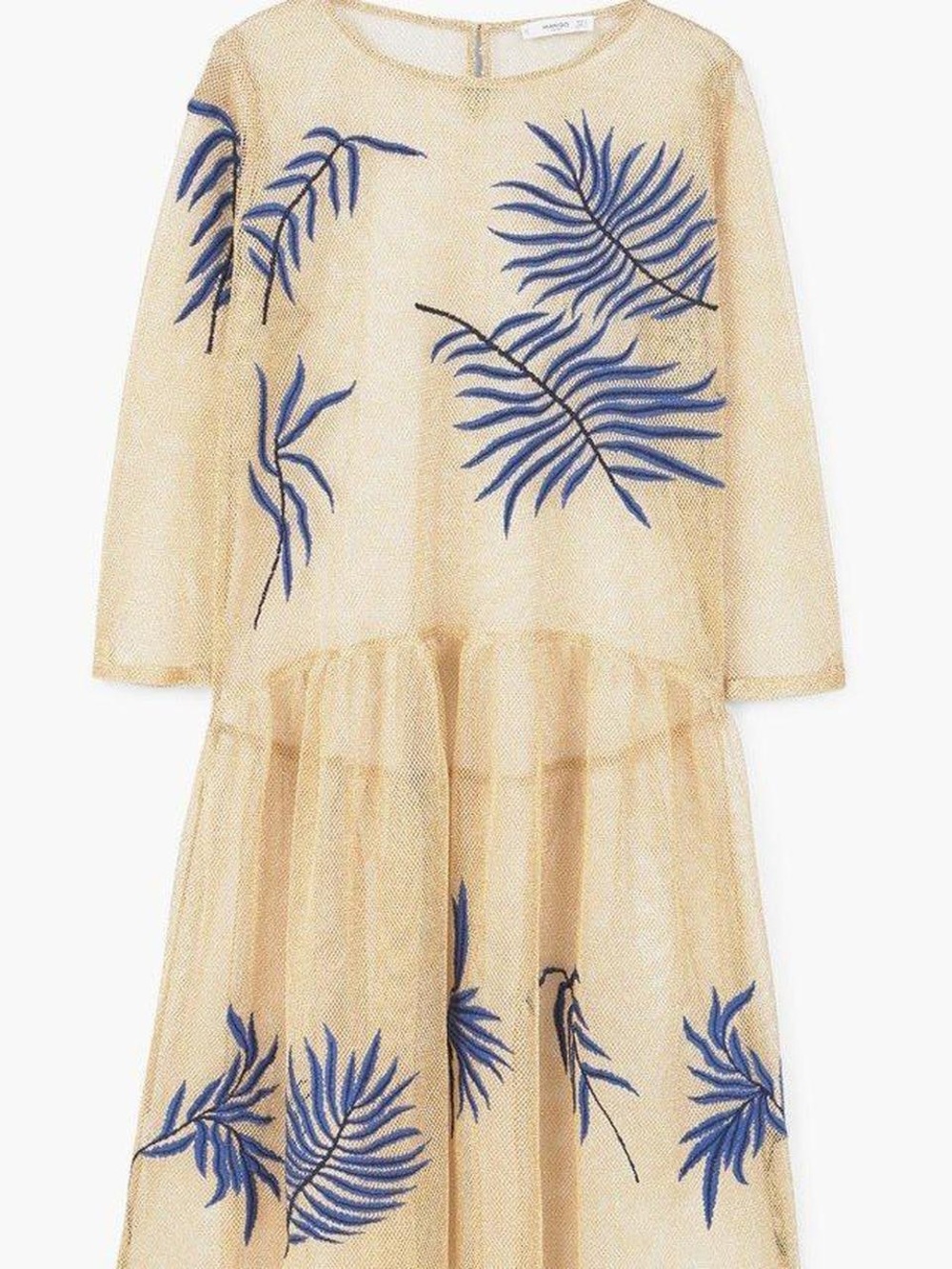 Limited Edition by Mango metallic gold mesh dress w blue embroidered palm leafs.